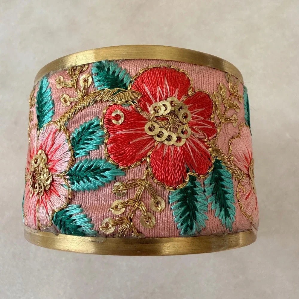 Bohemian Floral Embroidered Wide Cuff Bracelet Gold Tone Pink Sequin Statement